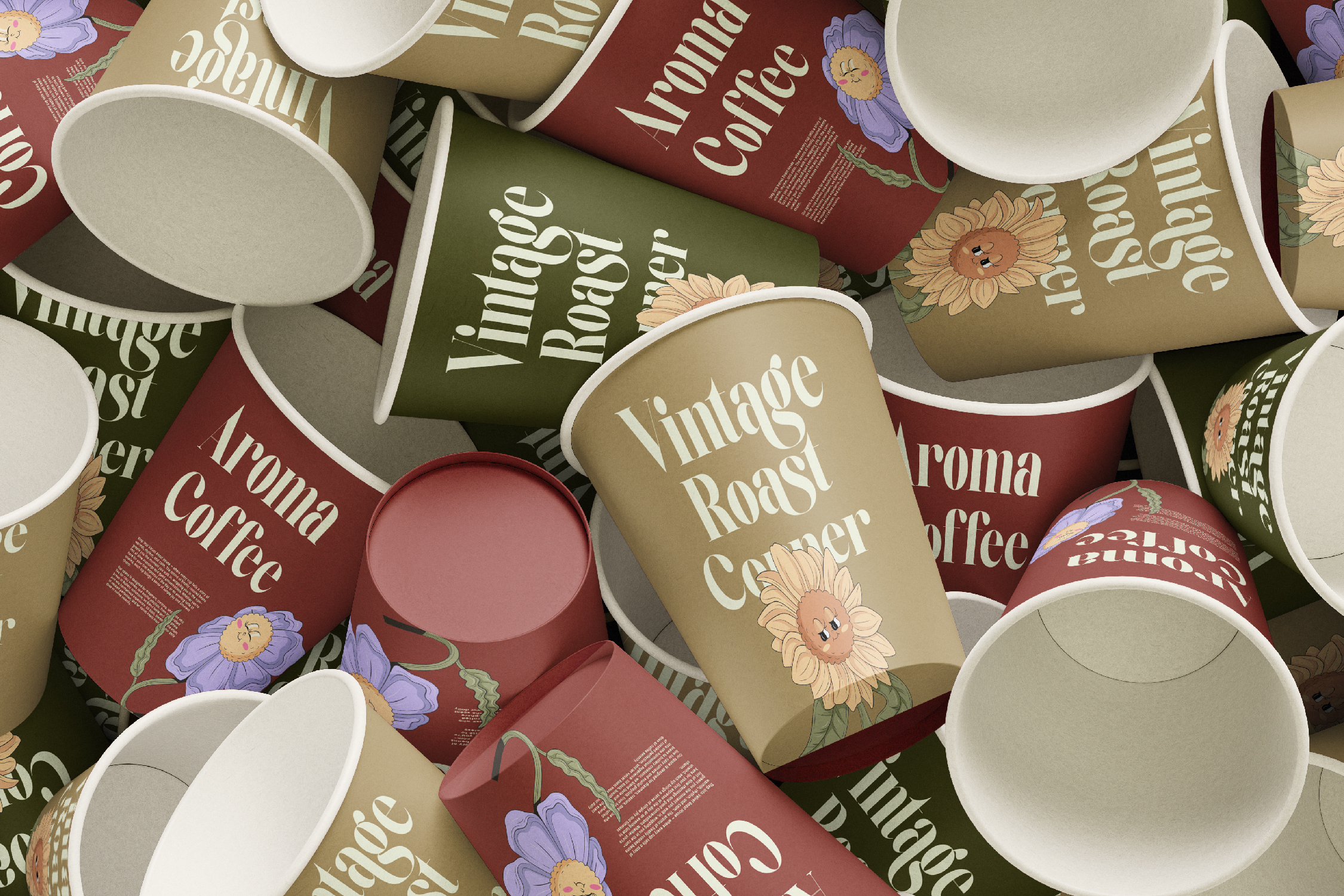 Coffee cup mockup with floral branding showing vintage roast labels on mugs, packaging, in warm earth tones
