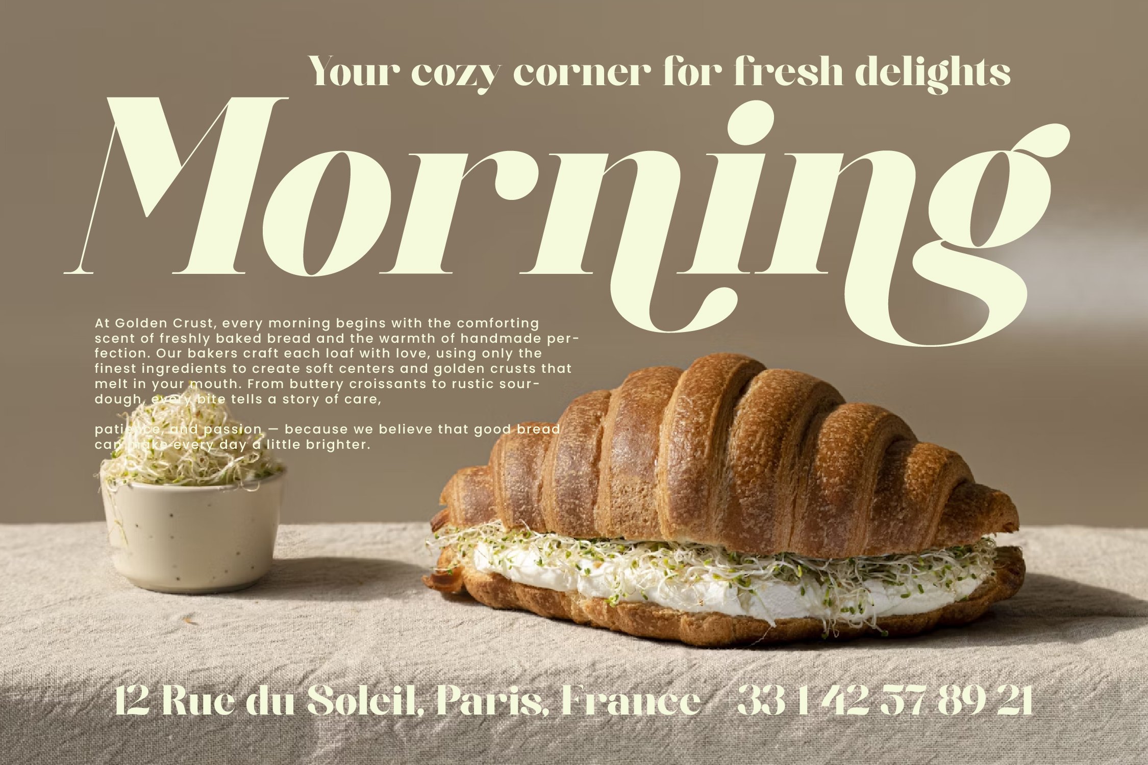 Croissant sandwich with cream cheese spread plus small pot of sprouts on beige linen background