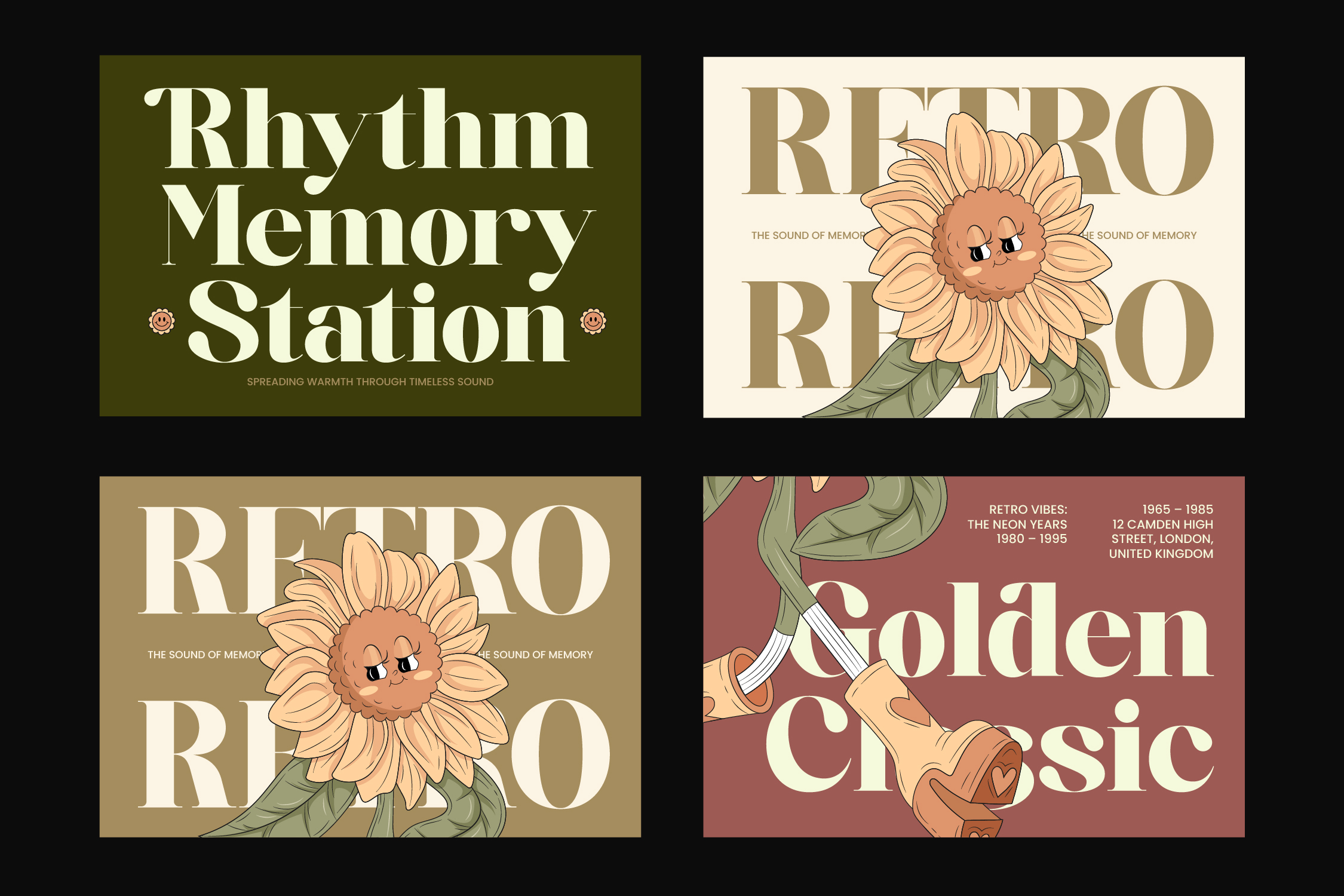 Retro poster designs with sunflower illustrations, serif typography, earthy color palettes