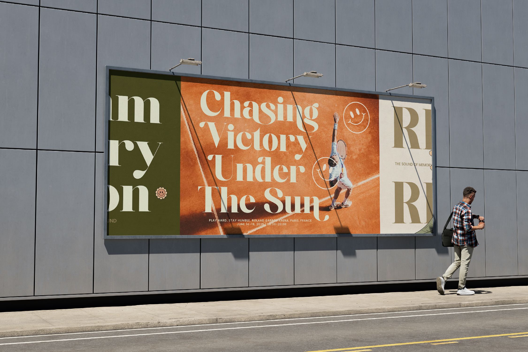 Outdoor billboard mockup with olive, orange, cream color blocks showing event poster design