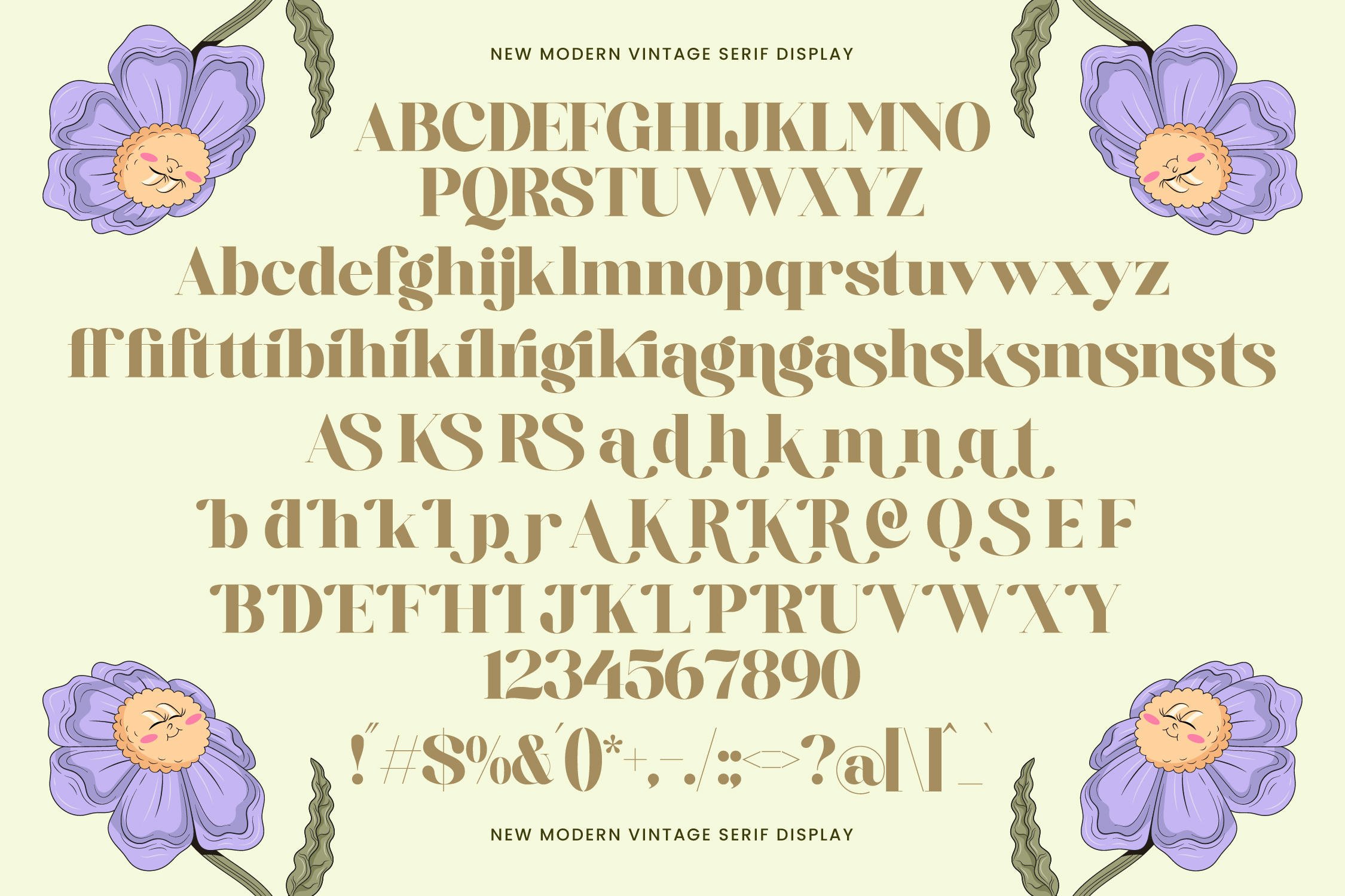 Serif display font with full character set, numbers, ligatures surrounded by purple flowers on cream background