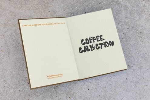 Cream bifold folder mockup opened showing dark Coffee Collection lettering inside
