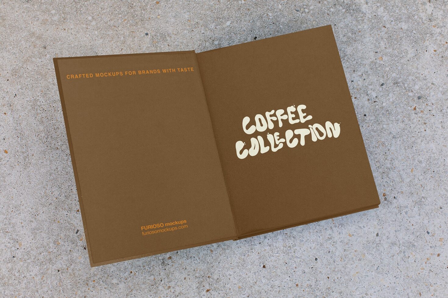 Flat lay of open brown bifold mockup with Coffee Collection text on right side