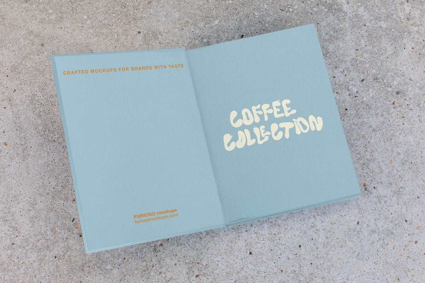 Light blue open folder mockup with cream Coffee Collection typography on right page