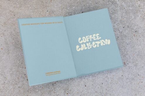 Light blue open folder mockup with cream Coffee Collection typography on right page