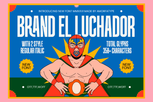 Brand El Luchador font with wrestler mascot character holding glowing orb
