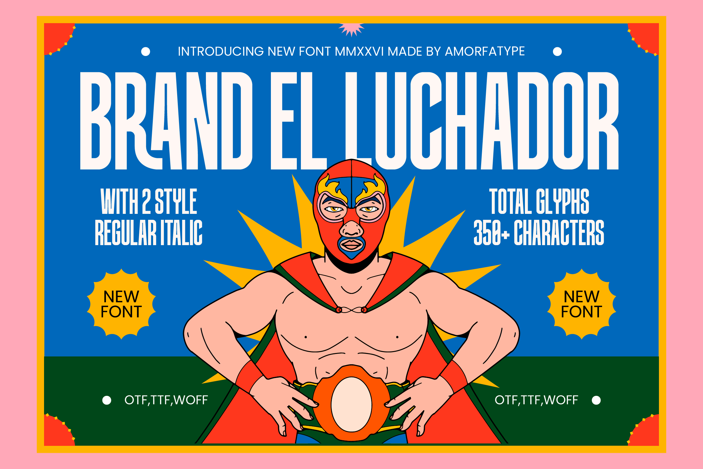 Brand El Luchador font with wrestler mascot character holding glowing orb
