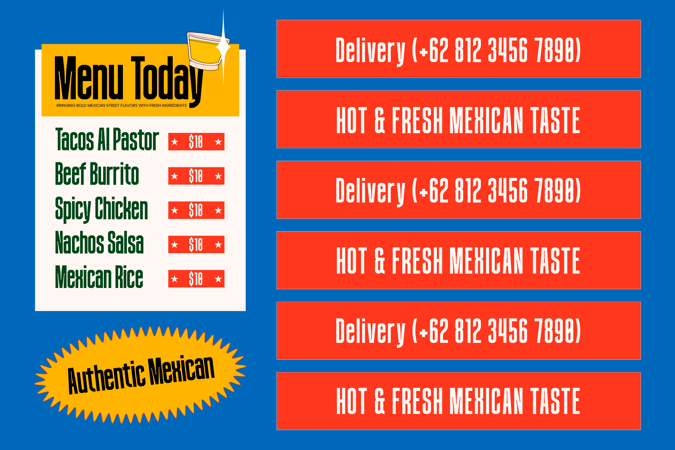 Mexican menu mockup with taco items listed, delivery contact, authentic badge