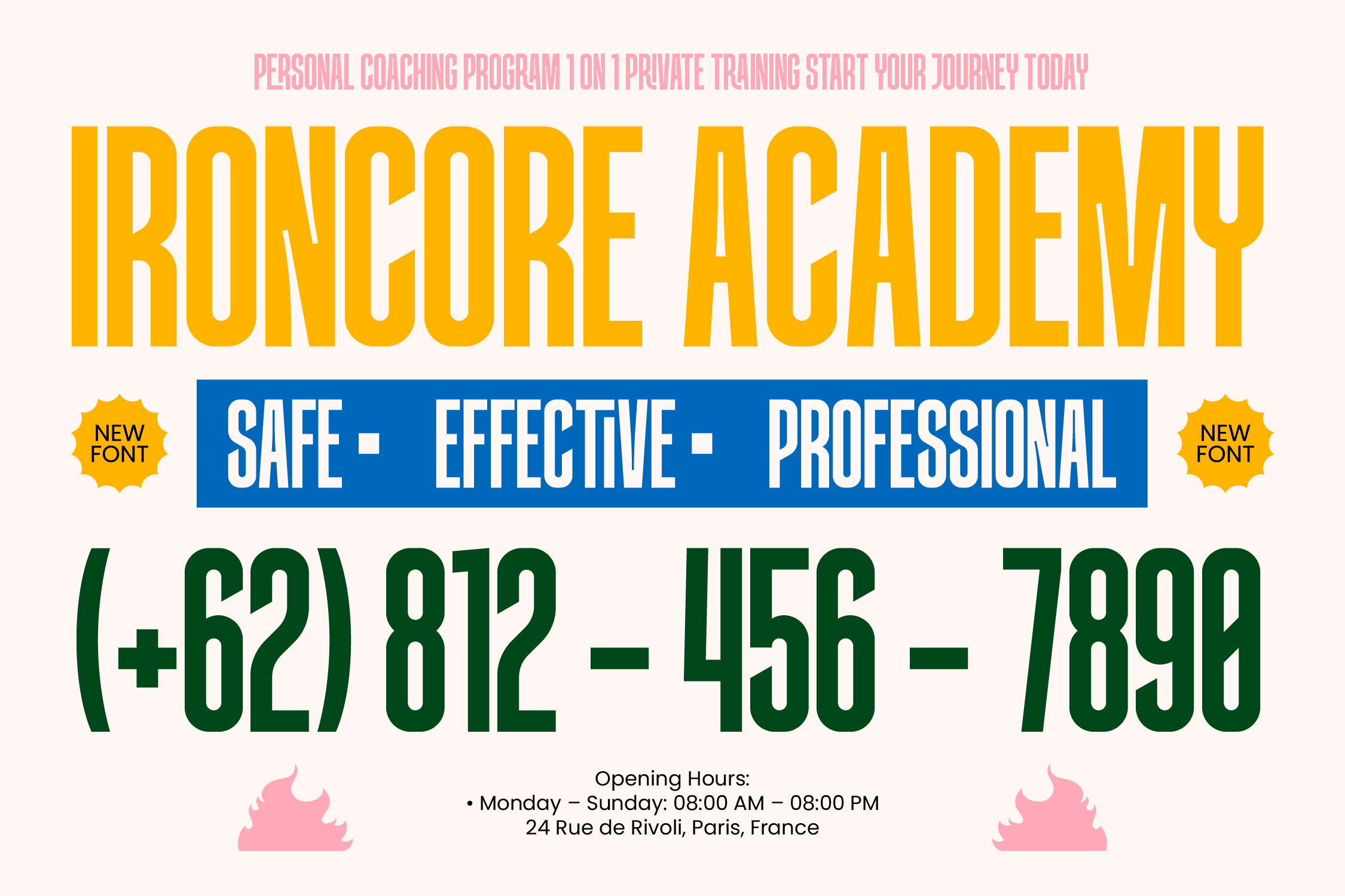 Ironcobre Academy font display in yellow with contact details for coaching program