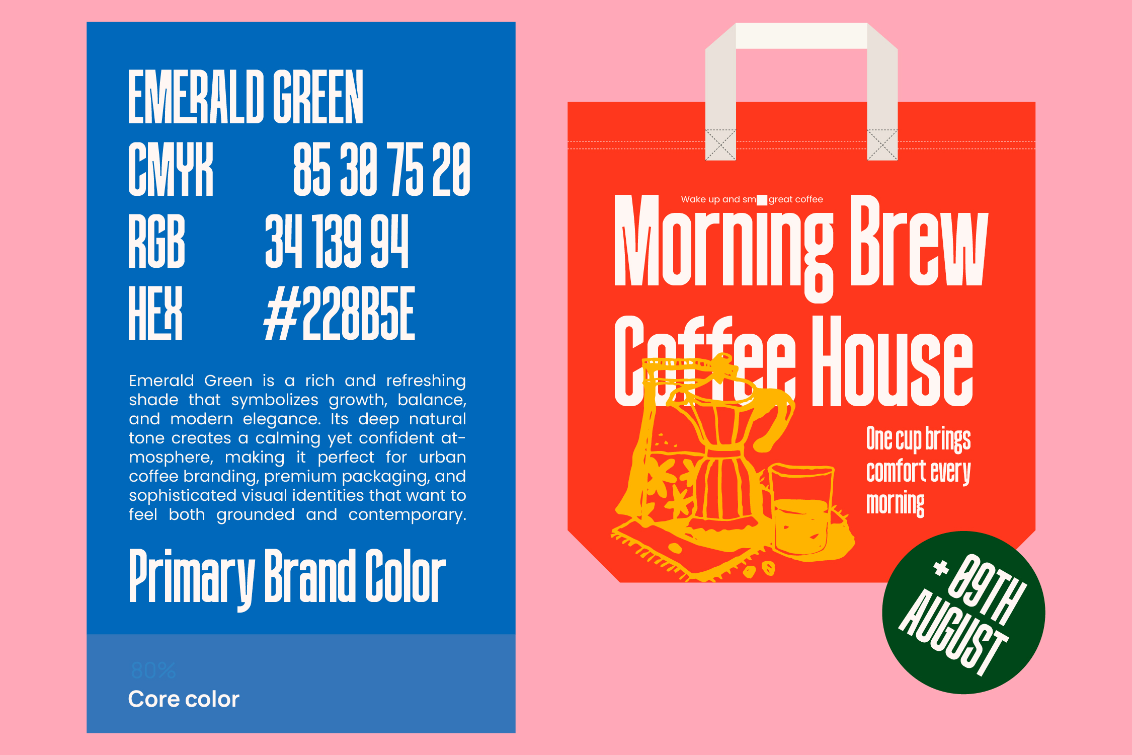 Emerald green color specs with coffee house bag mockup featuring morning brew branding