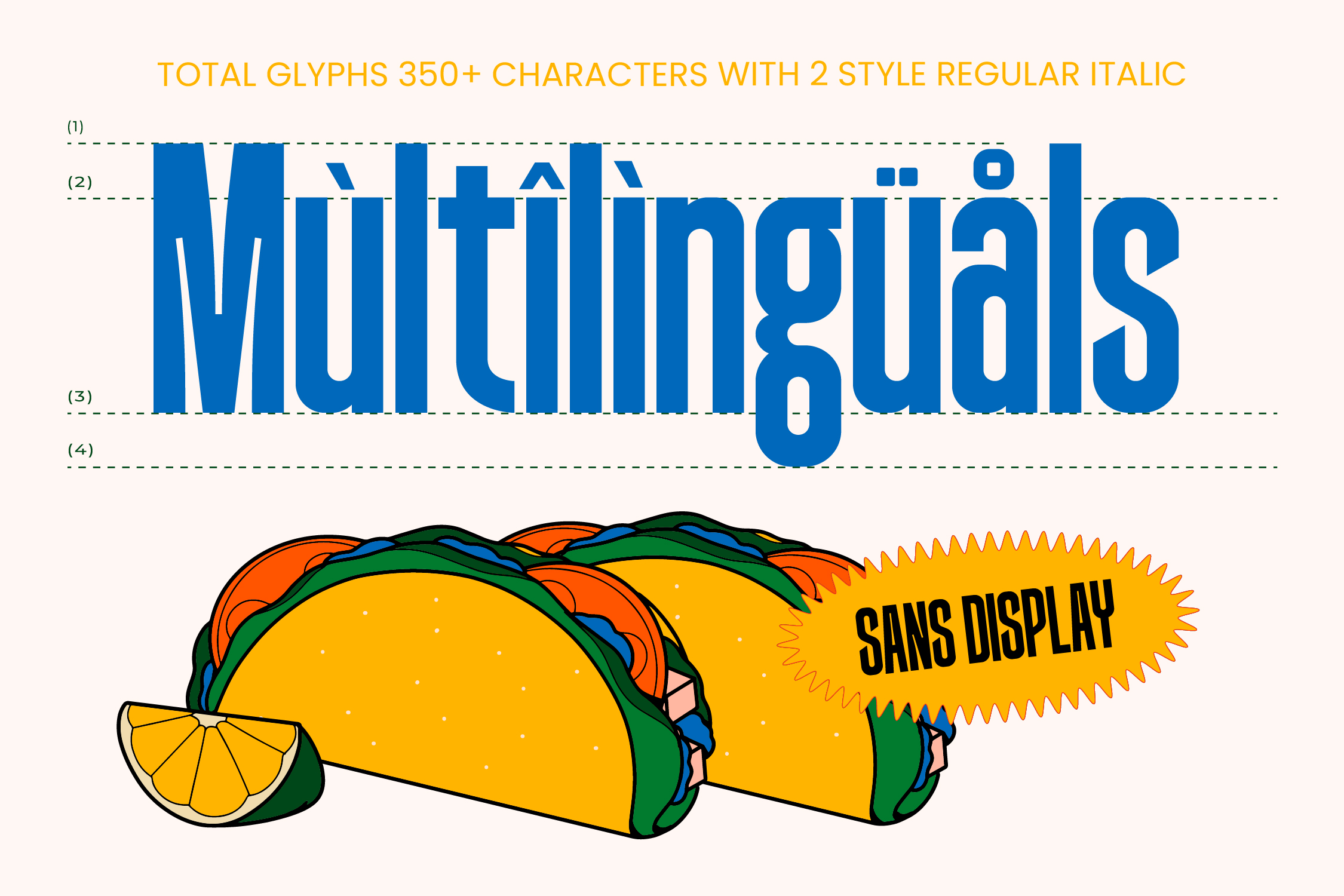 Multiglais font with 350+ glyphs showing regular italic styles with taco illustration