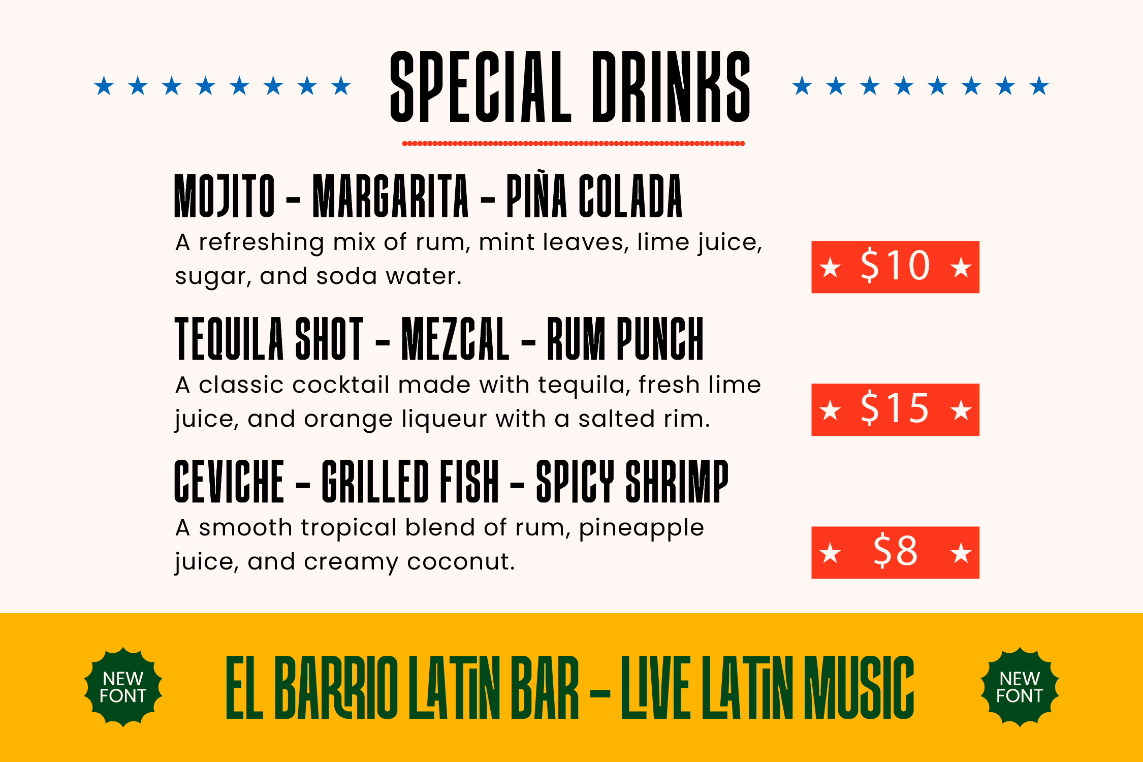 Retro bar menu with cocktail recipes, red prices, blue stars, yellow section
