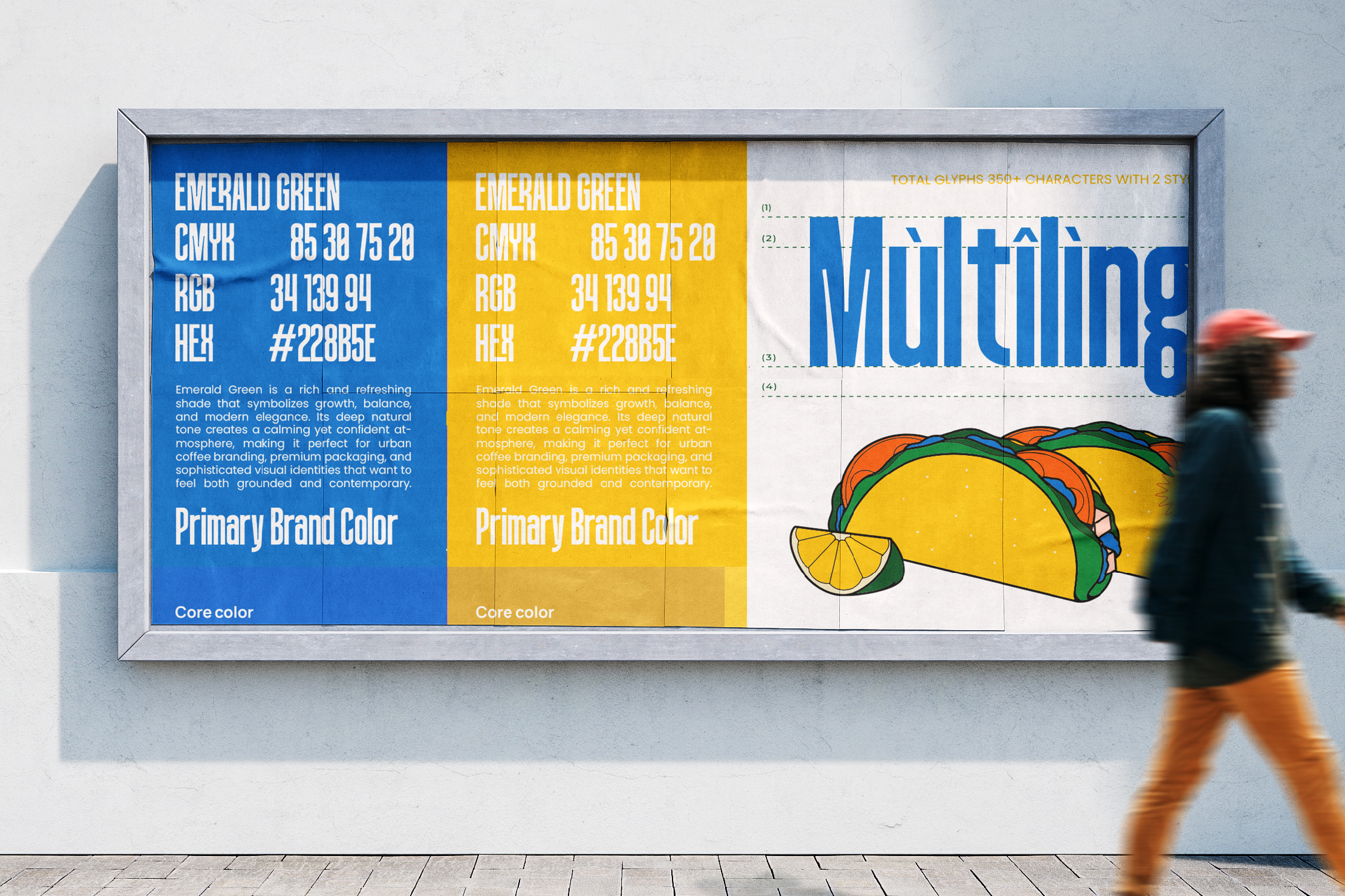Brand identity mockup mounted on wall showing blue, yellow color palette, taco illustration