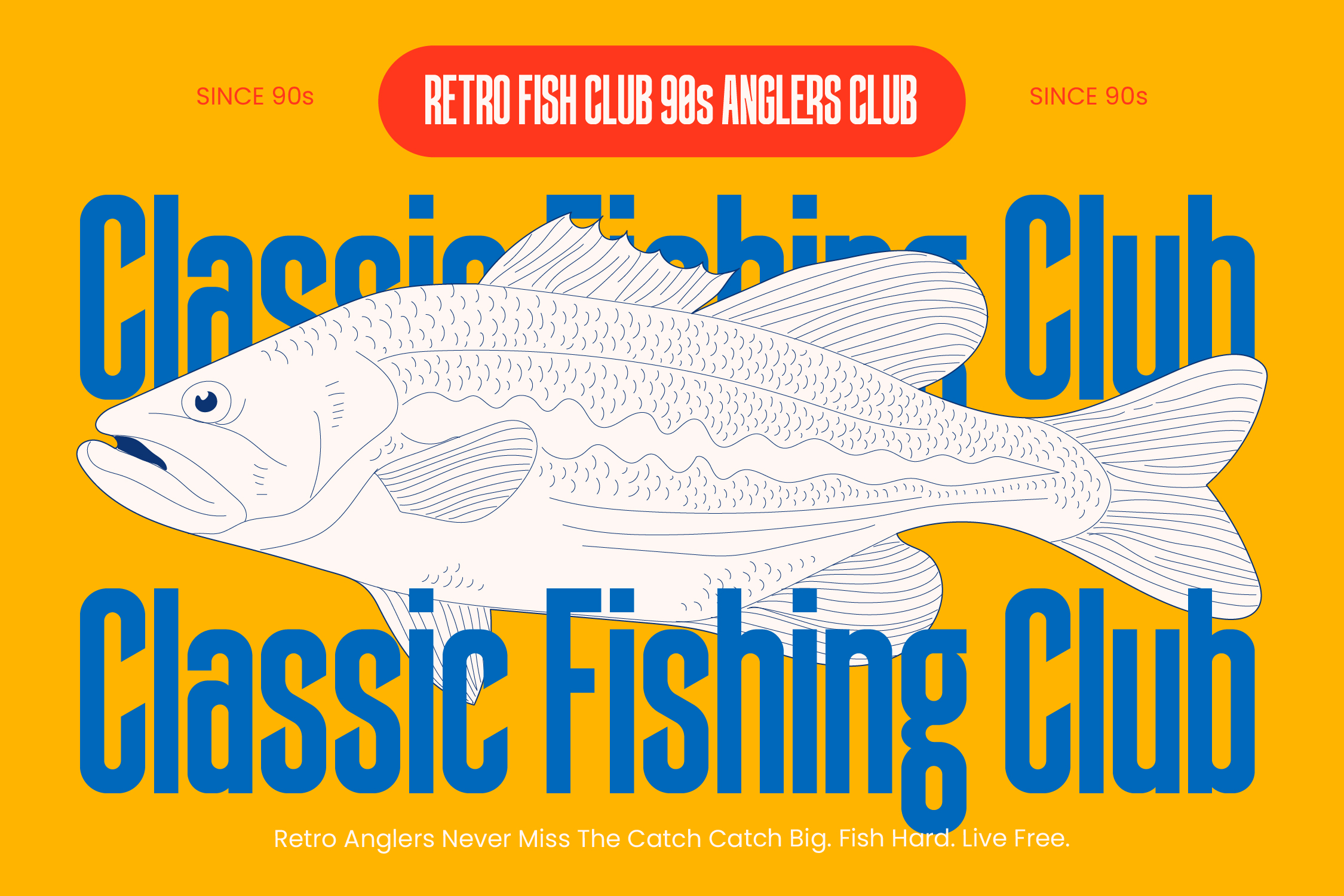 Retro 90s poster with blue fish illustration, yellow background, cocktail bar vibes