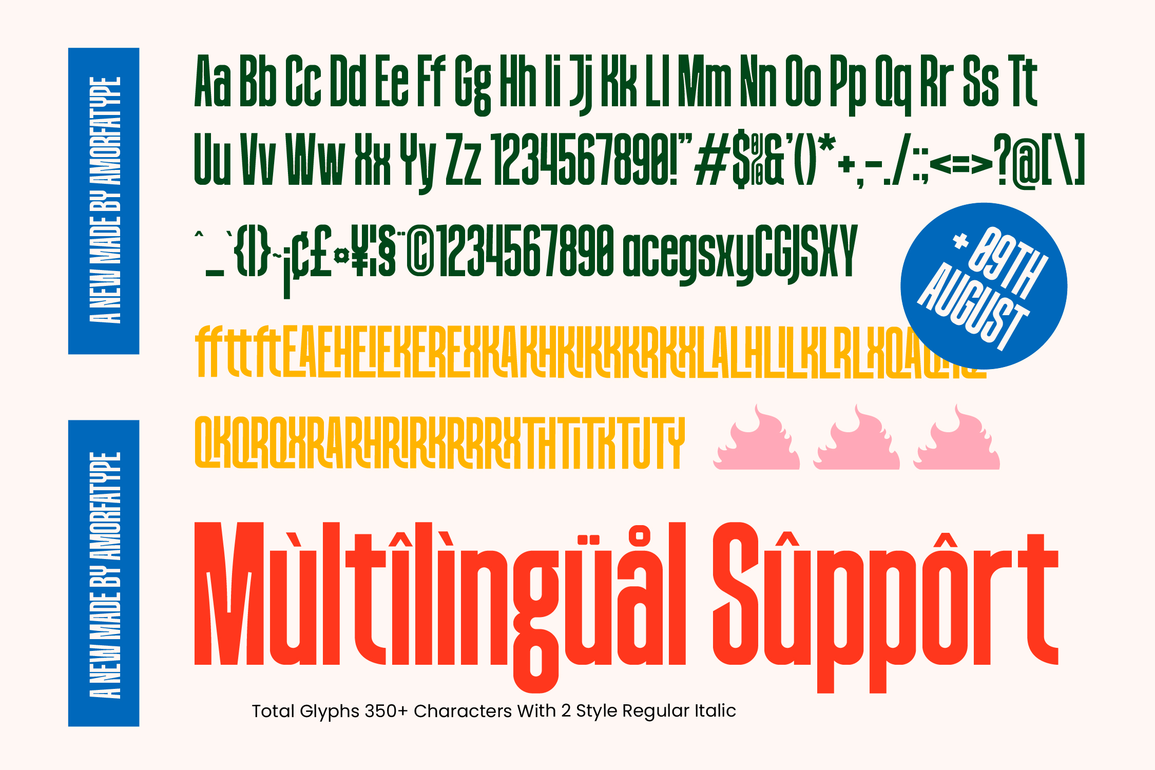 Font specimen showing green, yellow, red characters with multilingual support