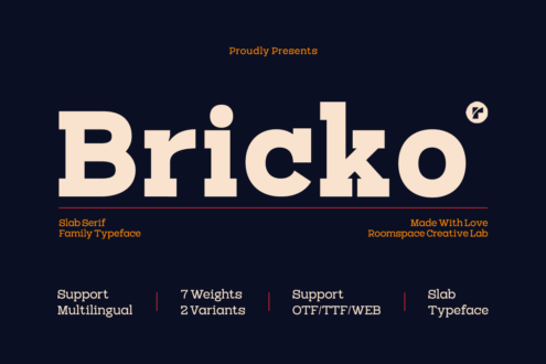 Bricko typeface showcase with large cream letters on dark background displaying specs