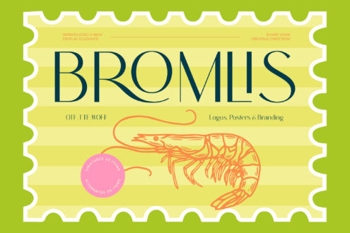 Bromils display font sample with shrimp illustration, lime green border on yellow background
