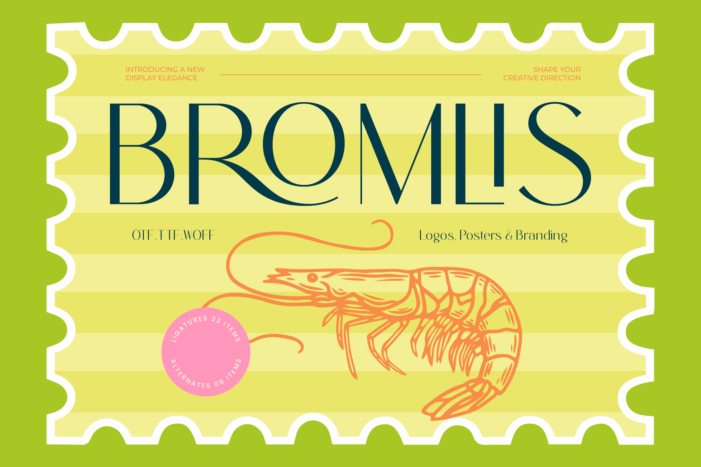 Bromils display font sample with shrimp illustration, lime green border on yellow background