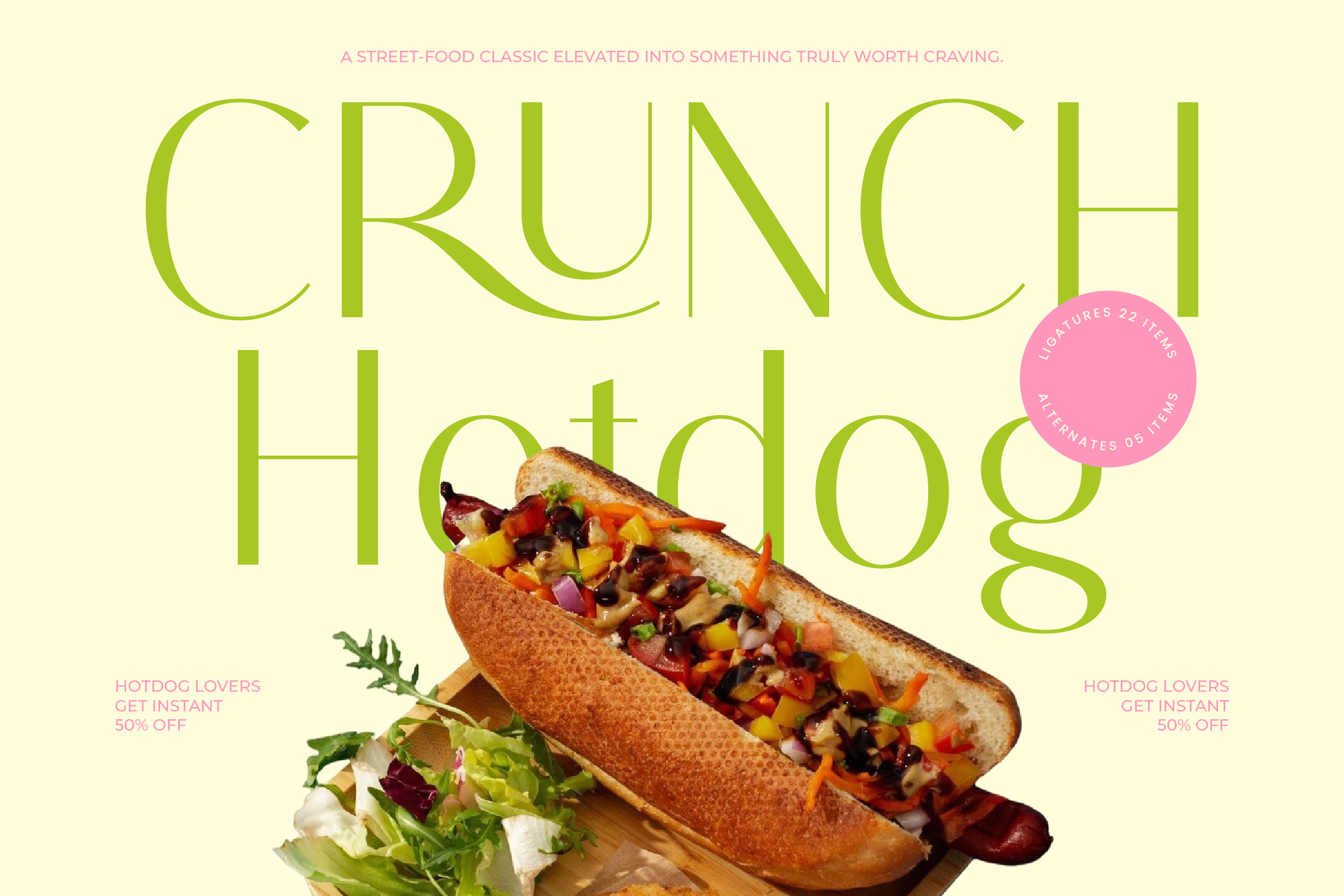 Crunch Hotdog poster with loaded hotdog, fresh greens, green sans serif text on cream