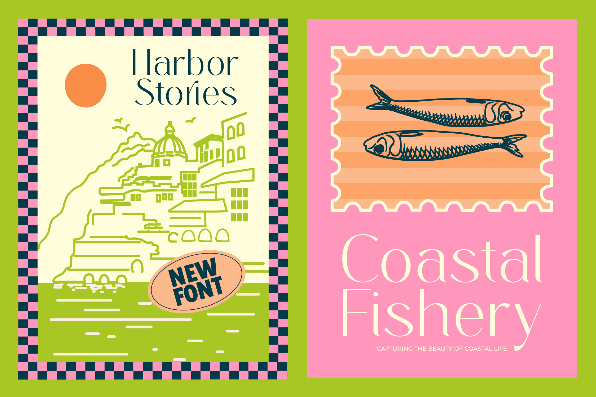 Two book covers side by side: Harbor Stories with lime green cityscape, Coastal Fishery with pink background