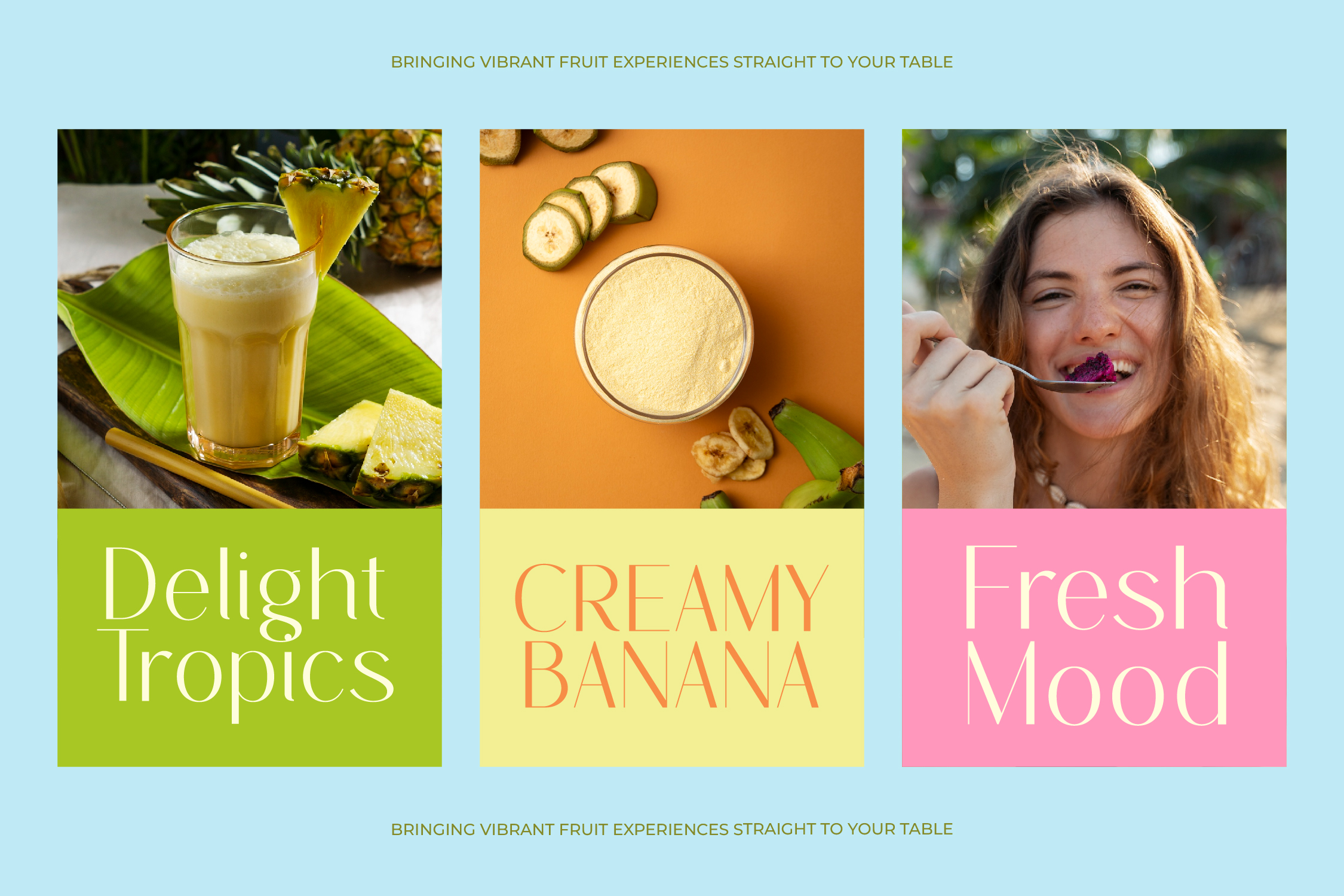 Grid layout showing pineapple juice, banana powder, woman eating berries mockup