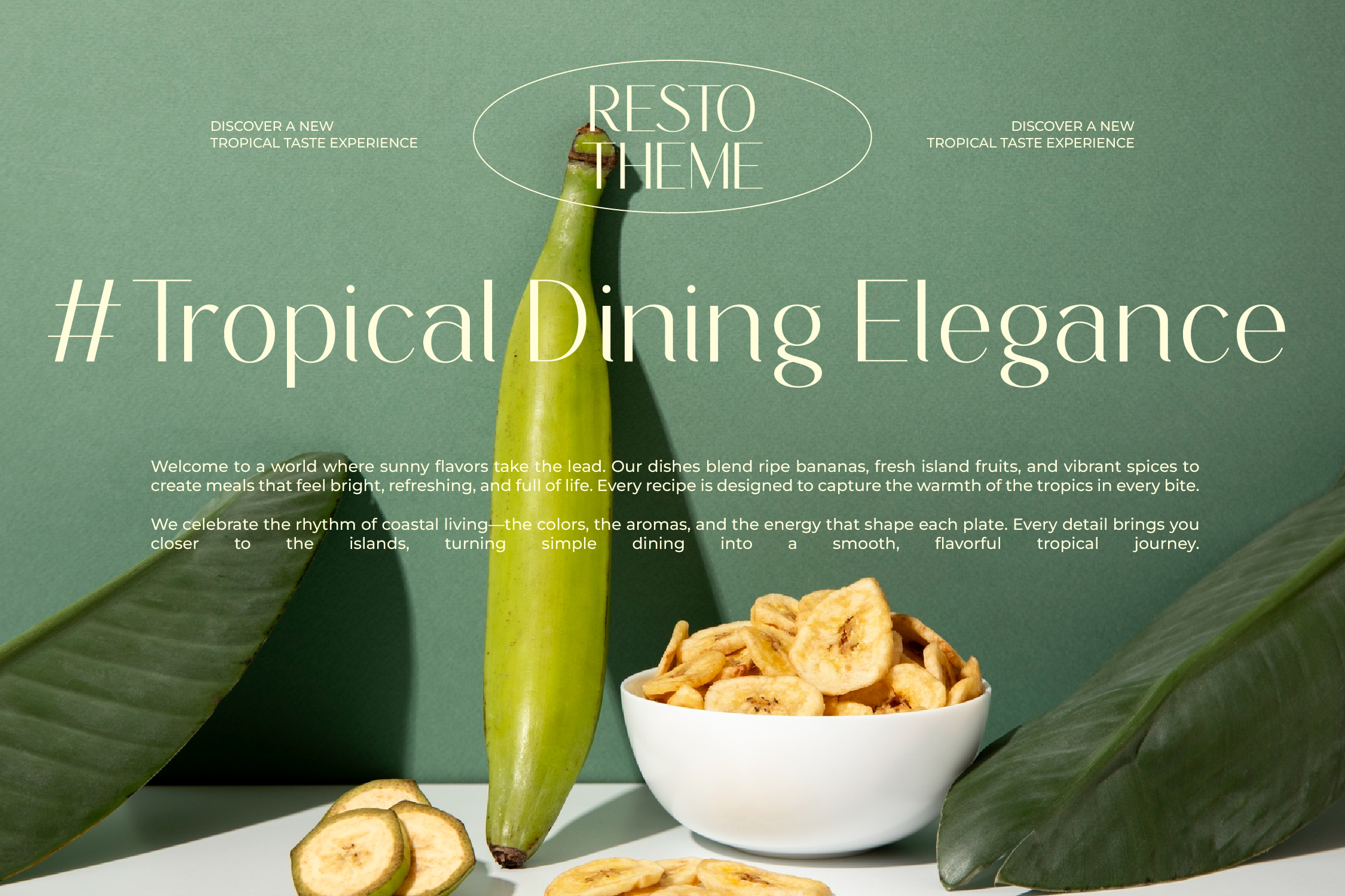 Resto theme tropical dining elegance layout with wine bottle, banana chip bowl