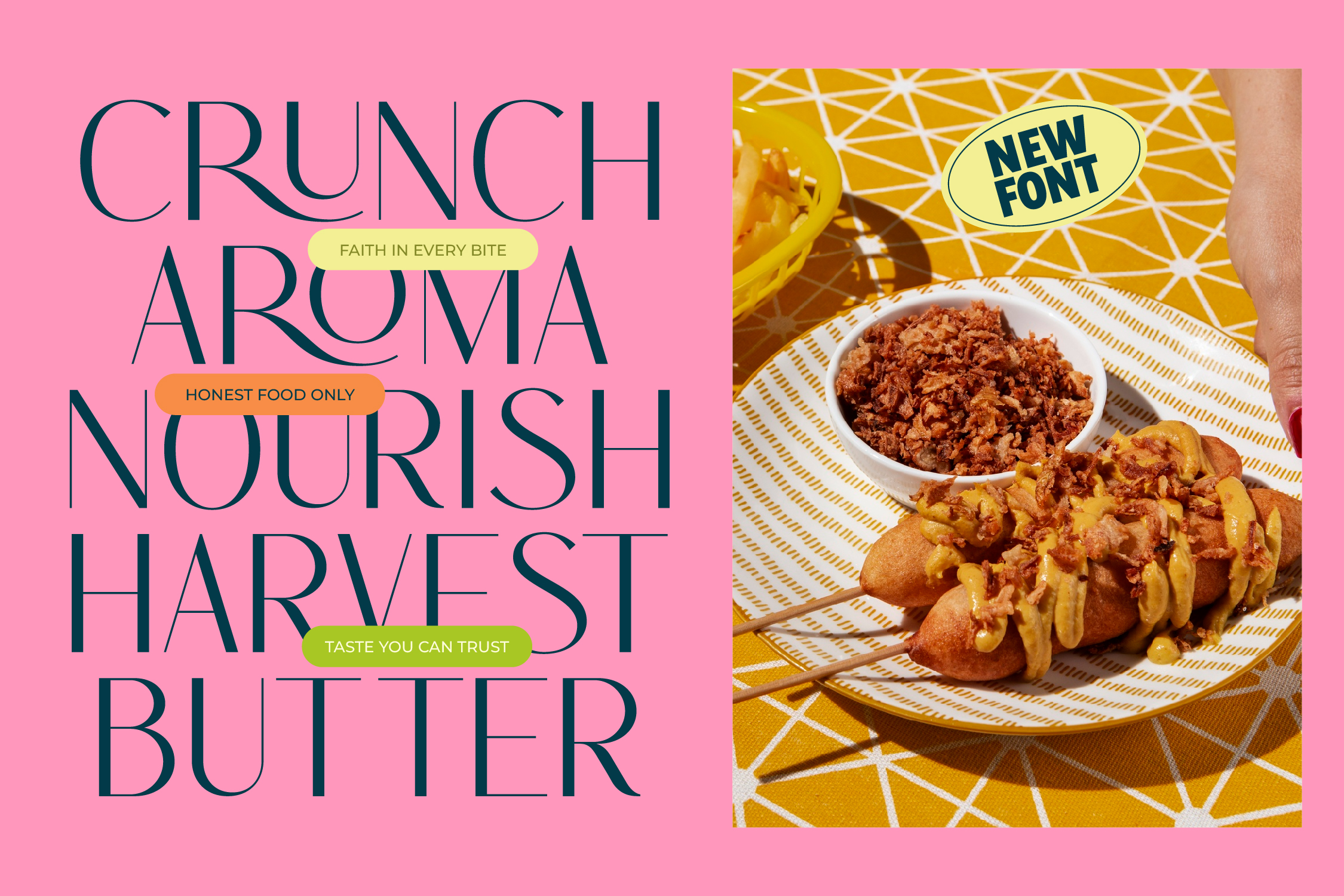 Food branding mockup with hot dog, crunch aroma nourish harvest butter messaging