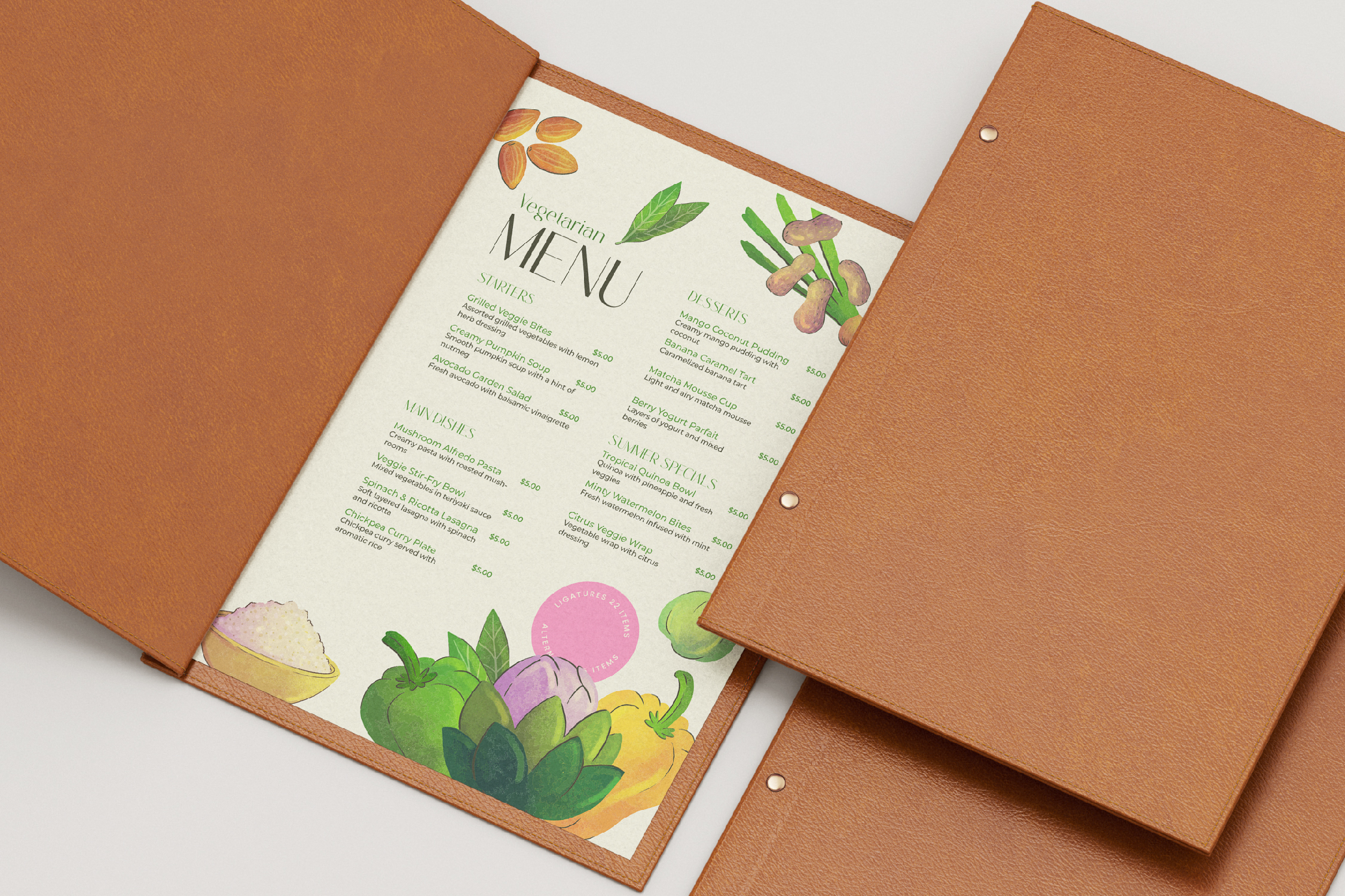 Open tan leather folder with vegetarian menu insert featuring botanical illustrations