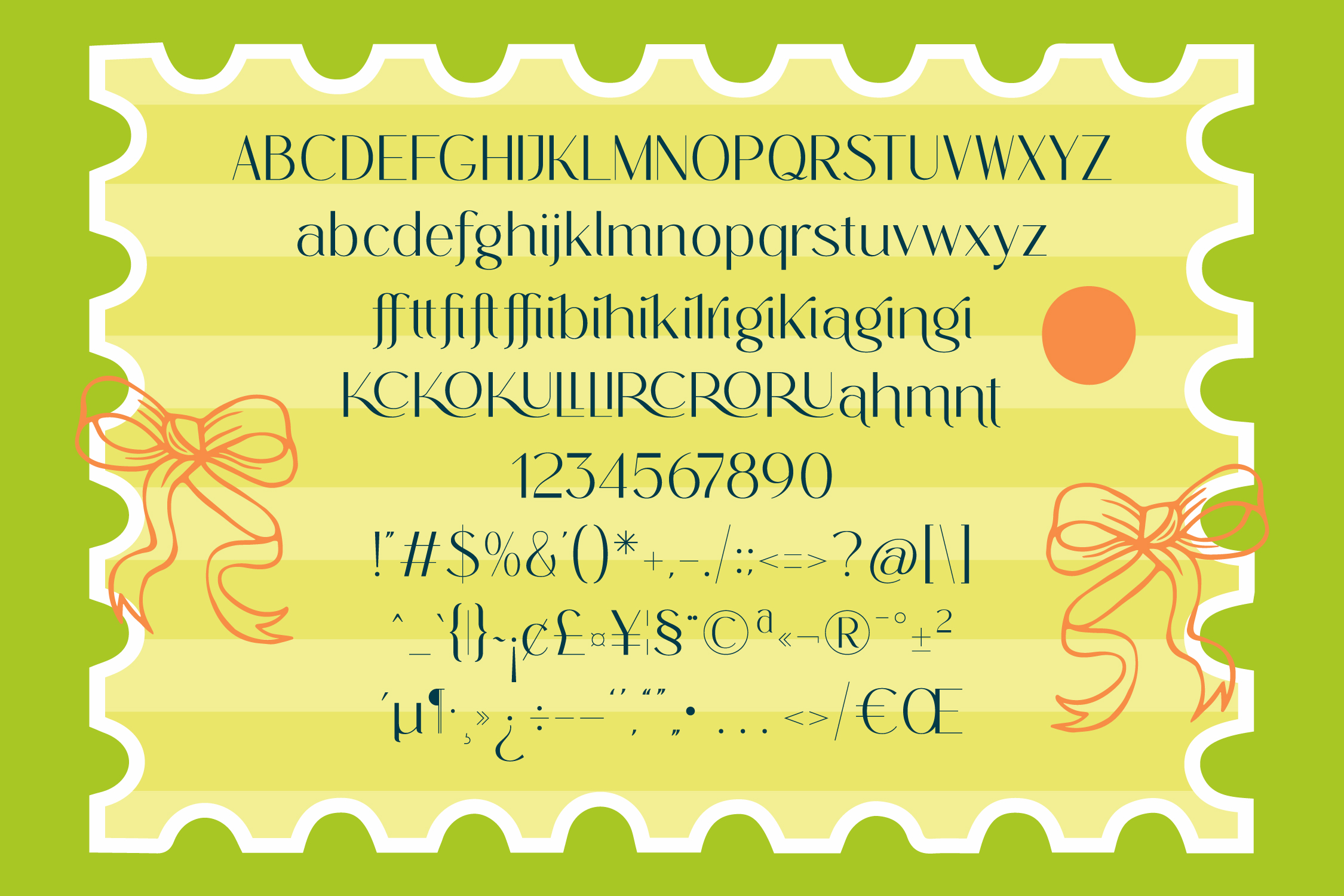 Bromlis Elegant font specimen sheet on lime yellow with decorative ribbon bows