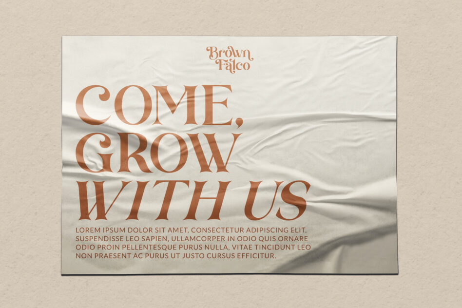 Brown Falco brand poster come grow with us tagline on fabric texture