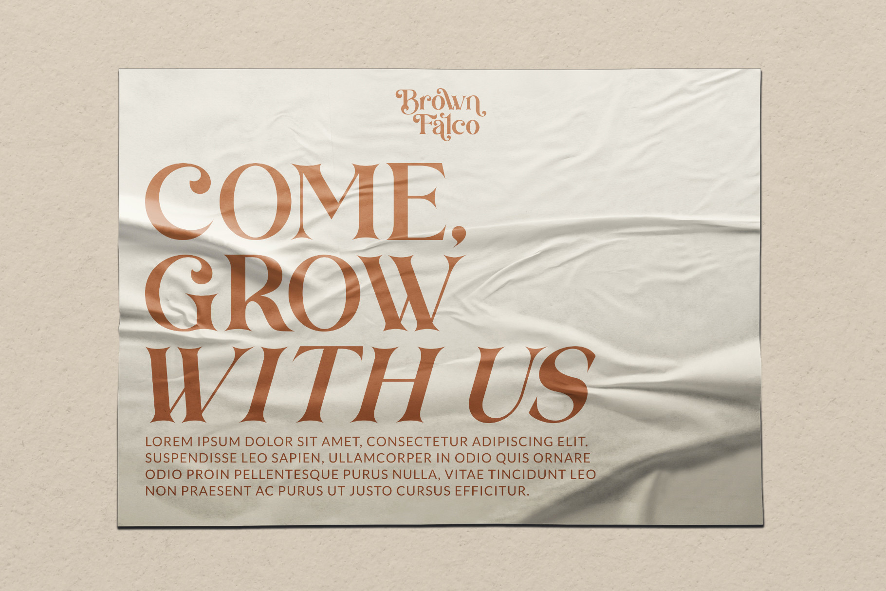 Brown Falco brand poster come grow with us tagline on fabric texture