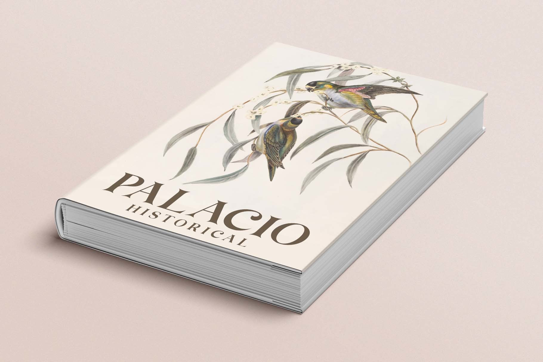 Palagio Historical book cover featuring birds on branches botanical illustration