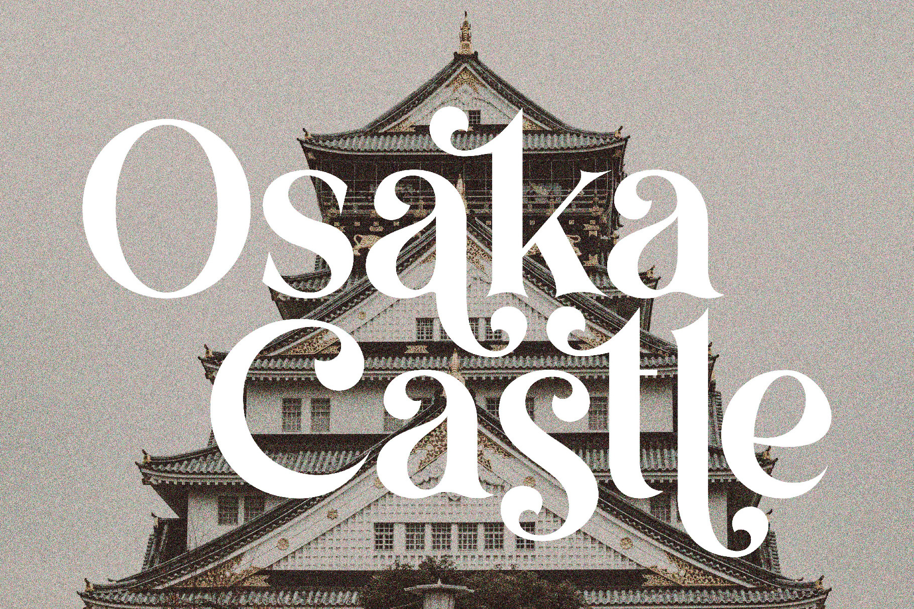Osaka Castle serif typeface overlaid on pagoda architecture with texture