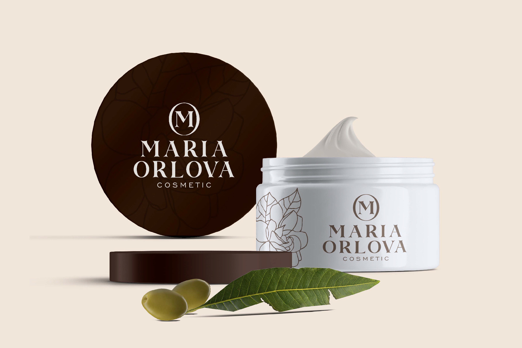 Maria Orlova cosmetic cream jar with decorative box, olive branch props