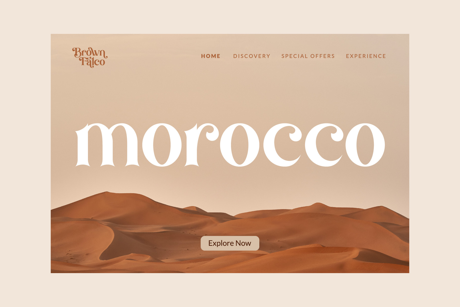 Brown Falco website header mockup showing desert landscape with Morocco title