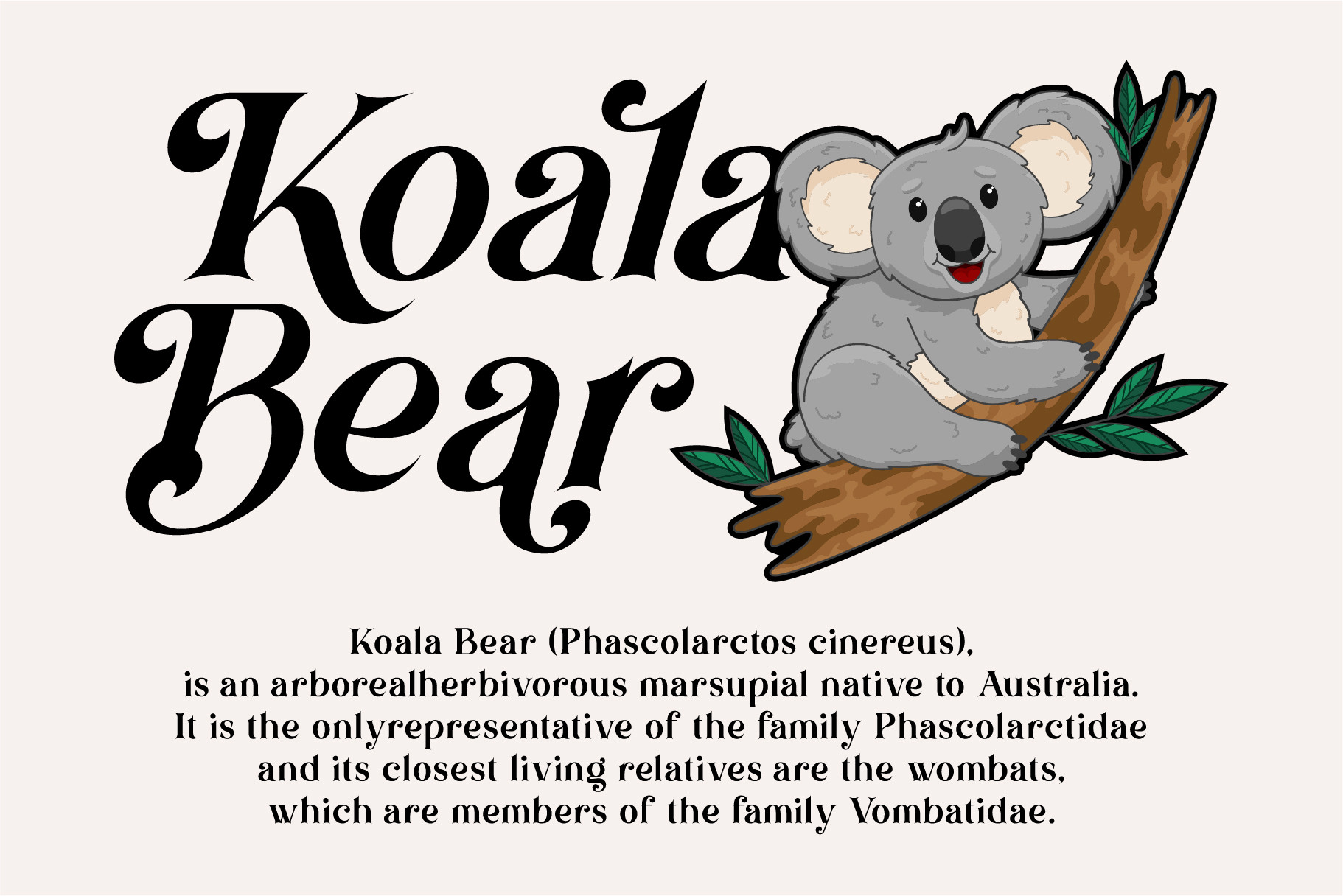 Koala Bear title with illustrated smiling koala sitting on branch with green leaves