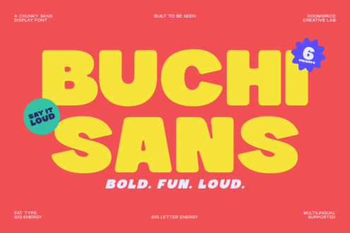 Buchi Sans display typeface specimen poster in oversized yellow lettering with tagline bold fun loud