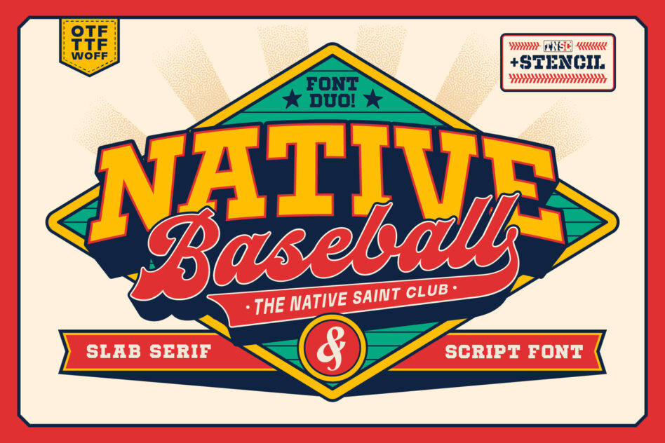 Native Baseball font duo with slab serif plus script in vintage sports badge style