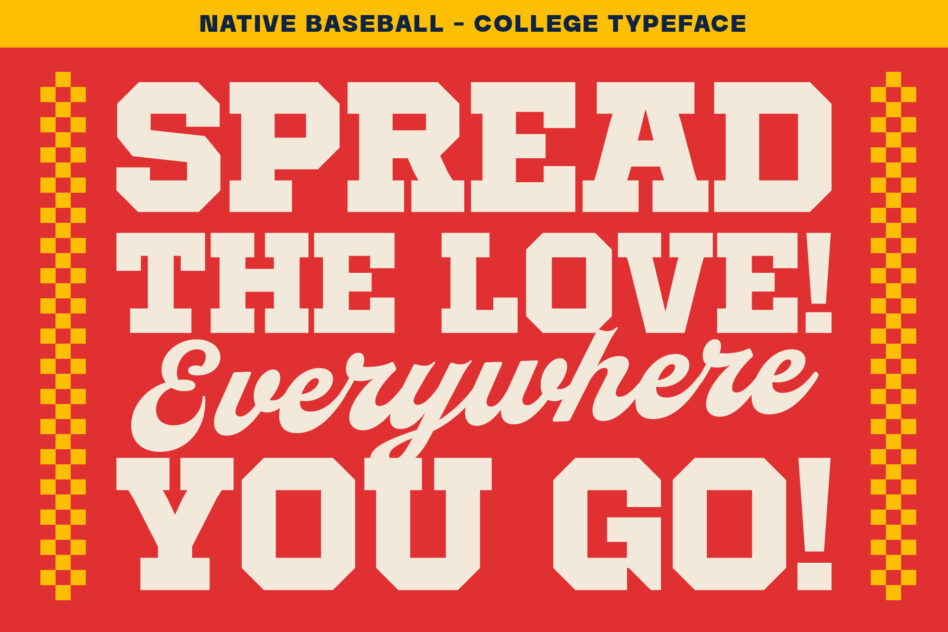 Chunky college baseball font in cream on red with geometric yellow borders