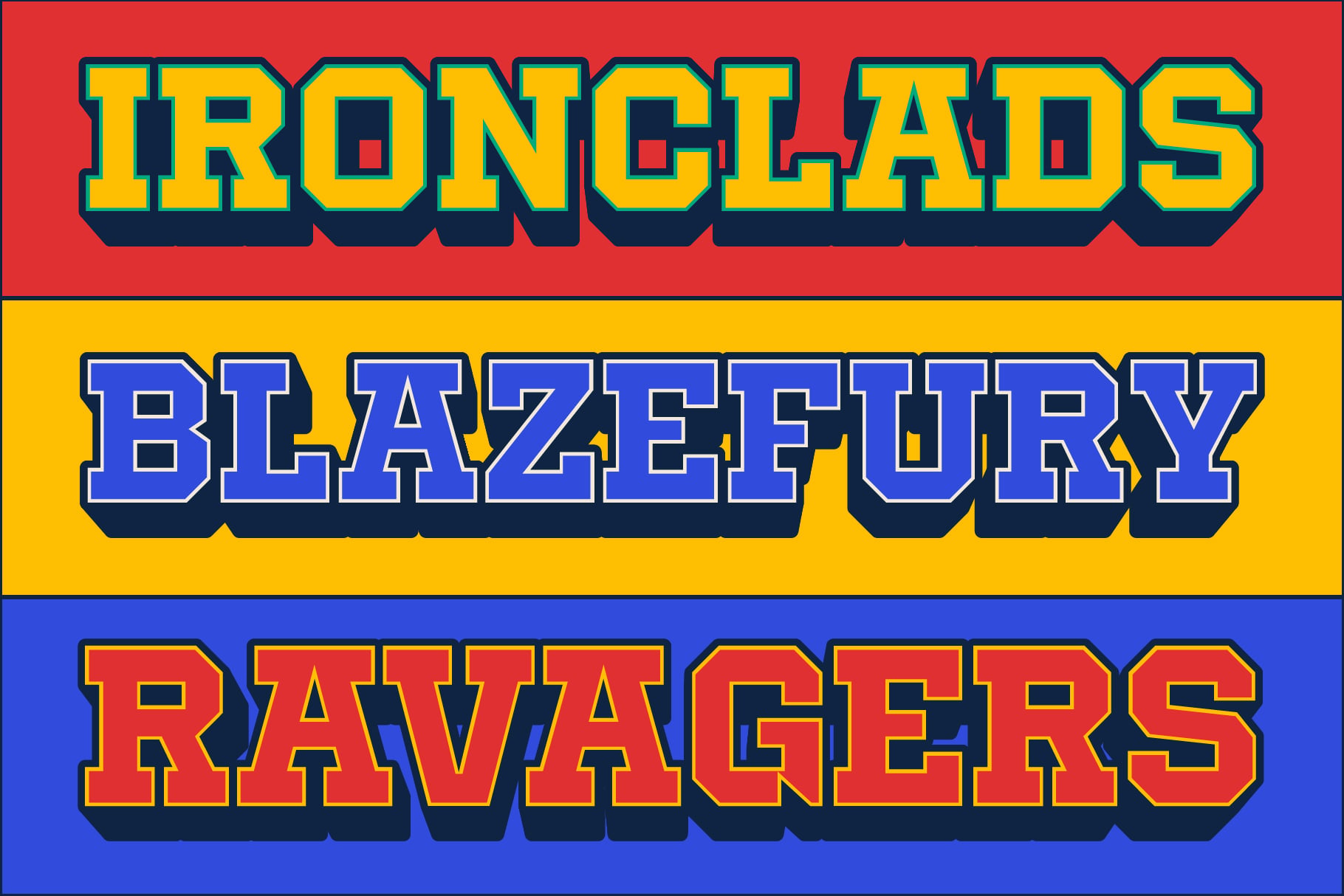Bold retro sports team text stack with chunky 80s lettering in yellow, blue, red