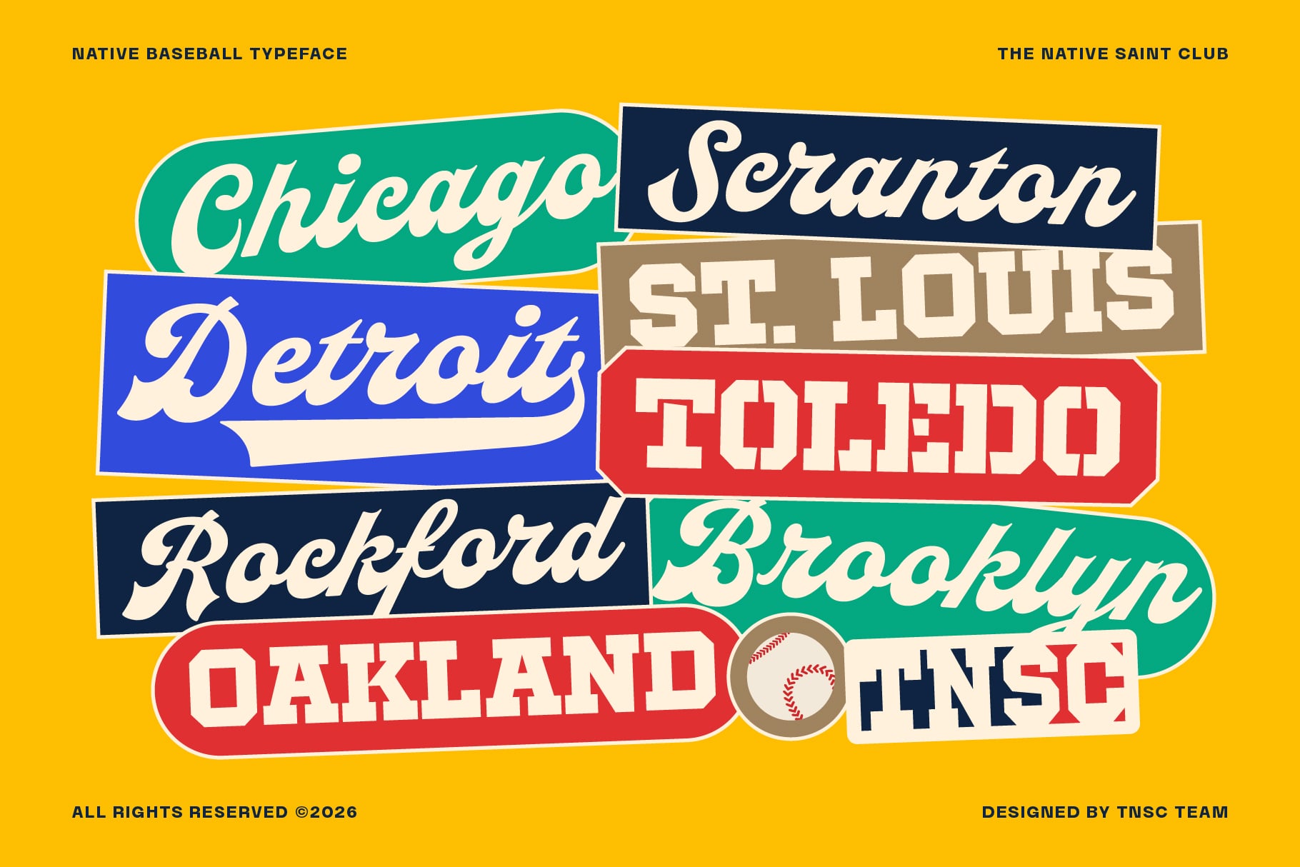 Vintage baseball team logos stacked in retro ribbons with script, block, plus italic lettering styles