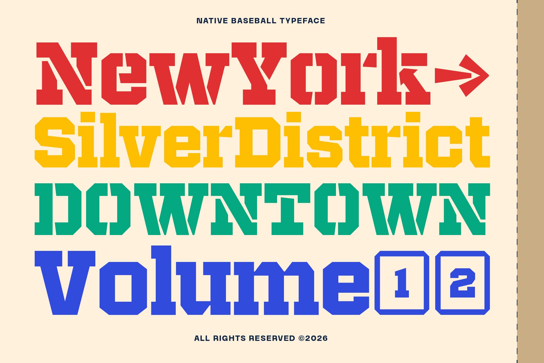 Native Baseball typeface showing four colorful sample words in red, yellow, green, blue