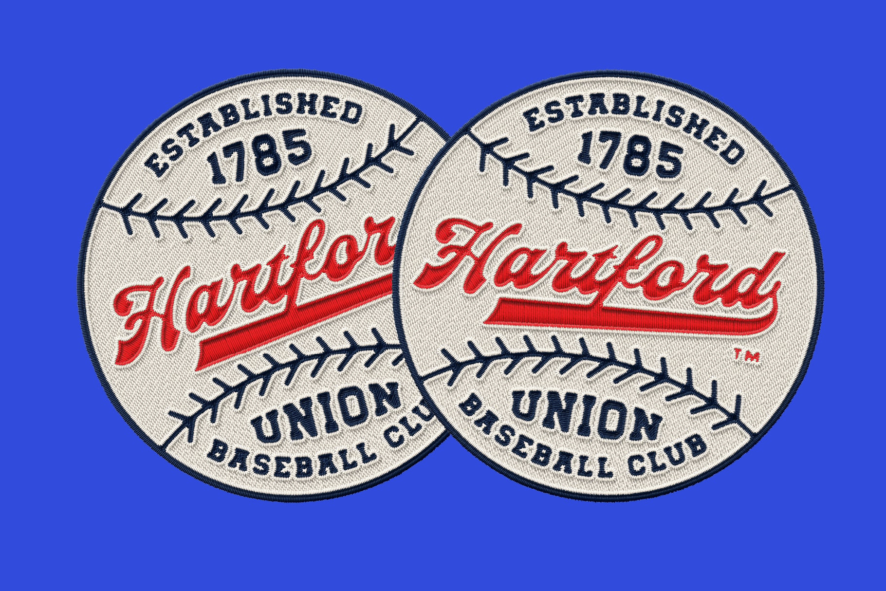 Vintage baseball patches with Harford Union Club established 1785 on bright blue background