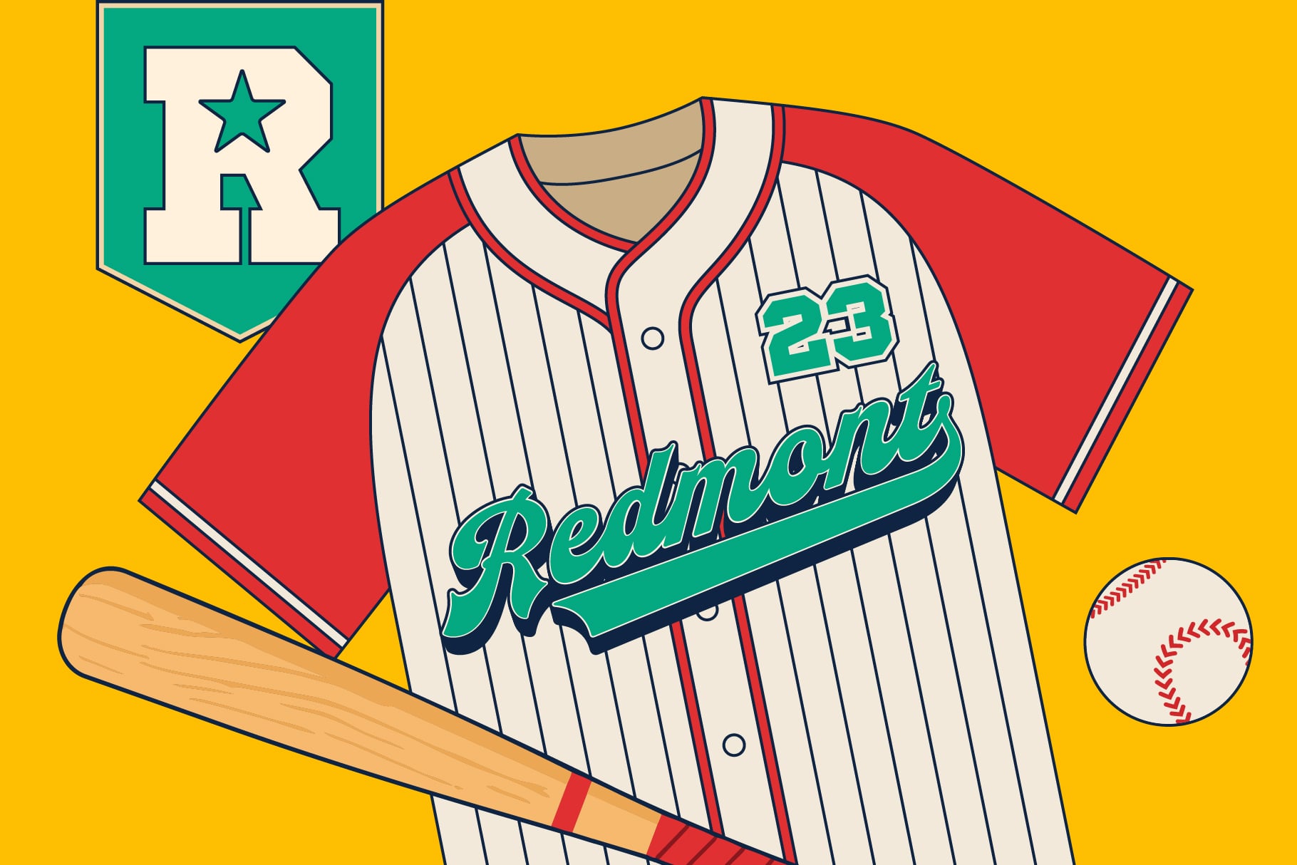 Vintage baseball jersey mockup with pinstriped Redmonds uniform, bat, ball, team badge on bright yellow background