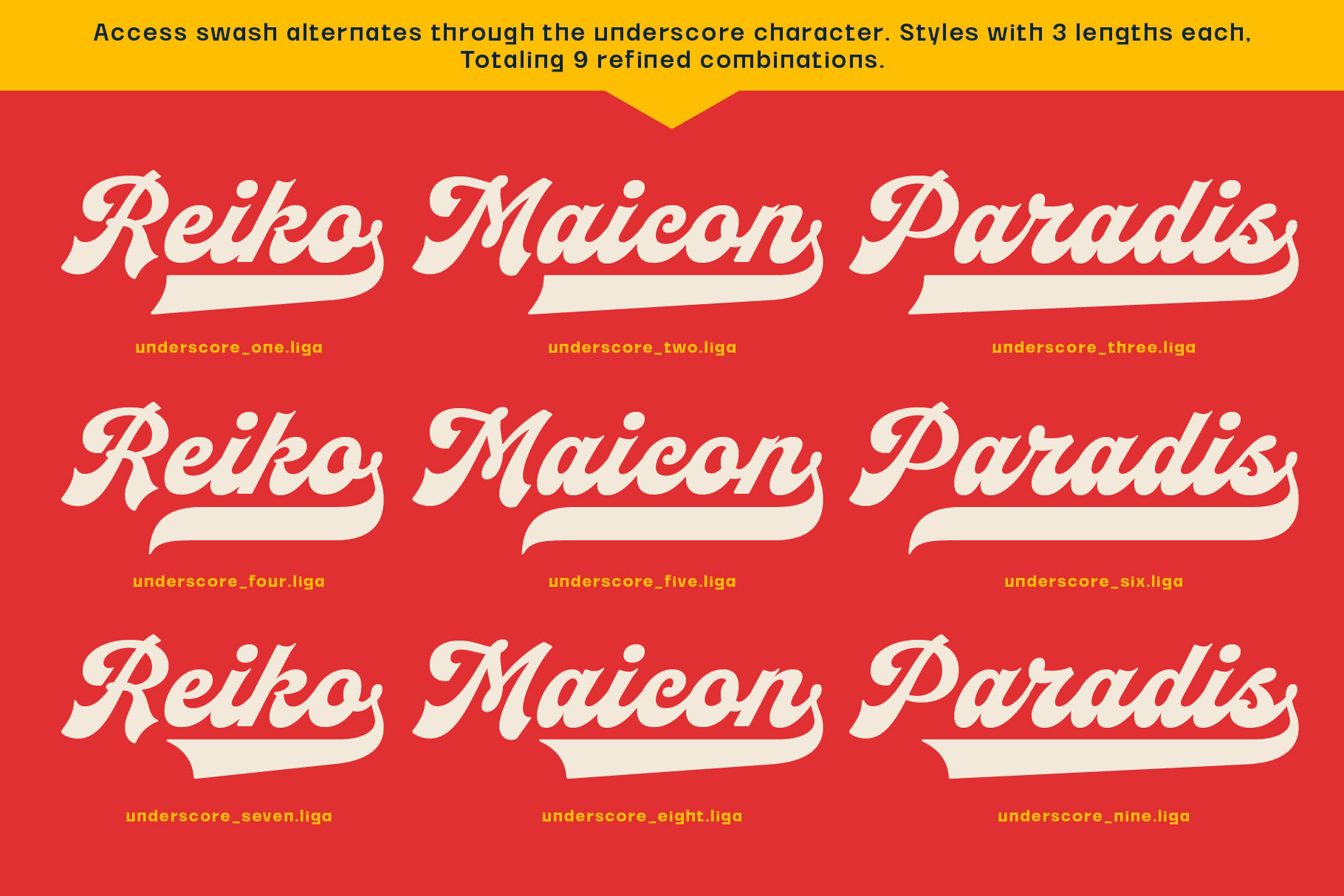 Retro Maicon Paradis font with 9 swash variations using underscore character toggles