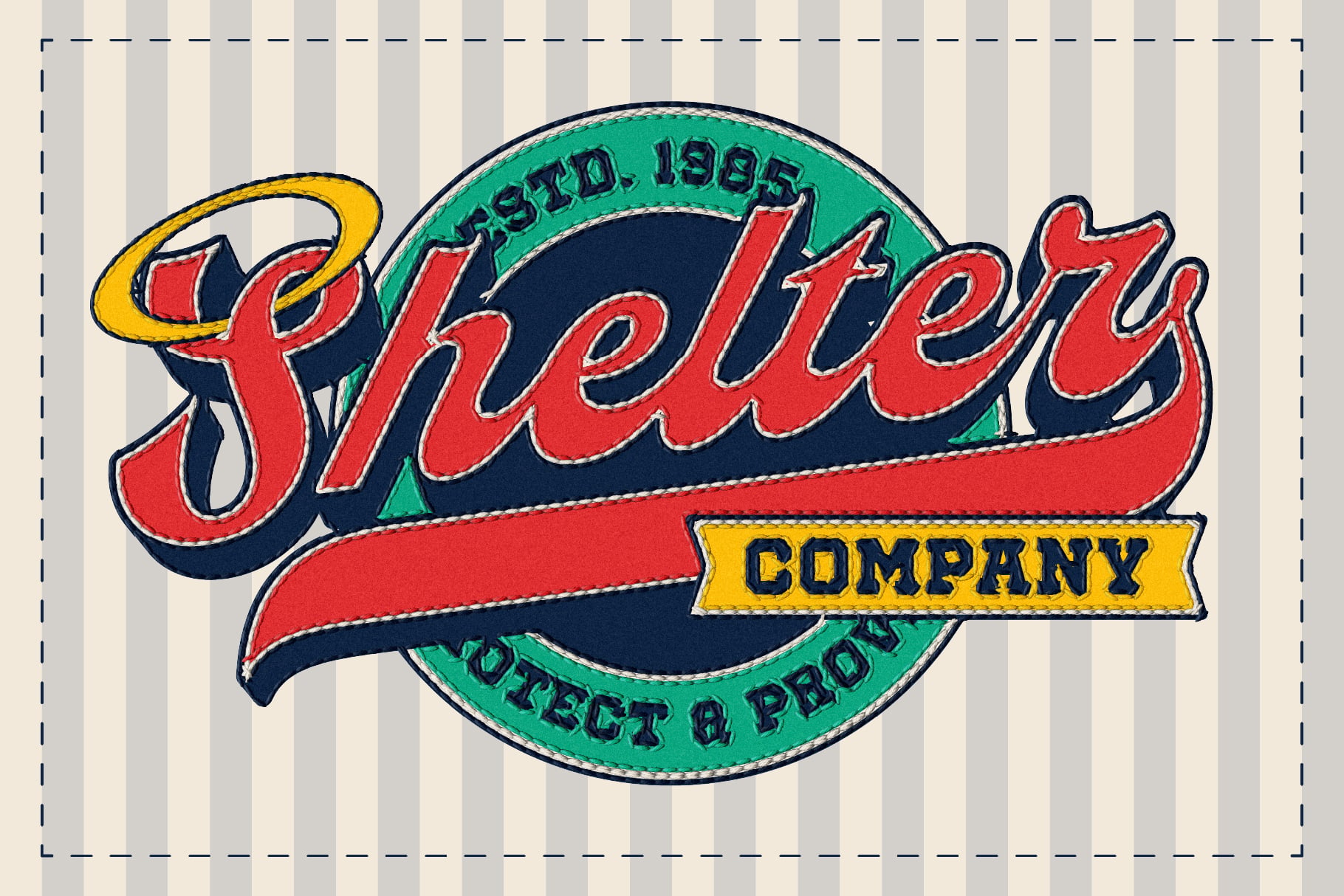 Vintage retro logo with red script lettering, navy, green, yellow colors, stitched badge style