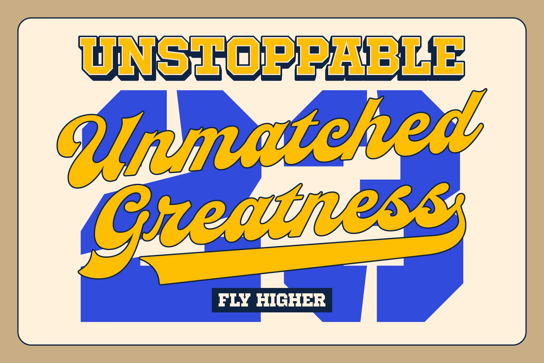 Retro varsity graphic with bold yellow lettering on blue geometric shapes, cream background