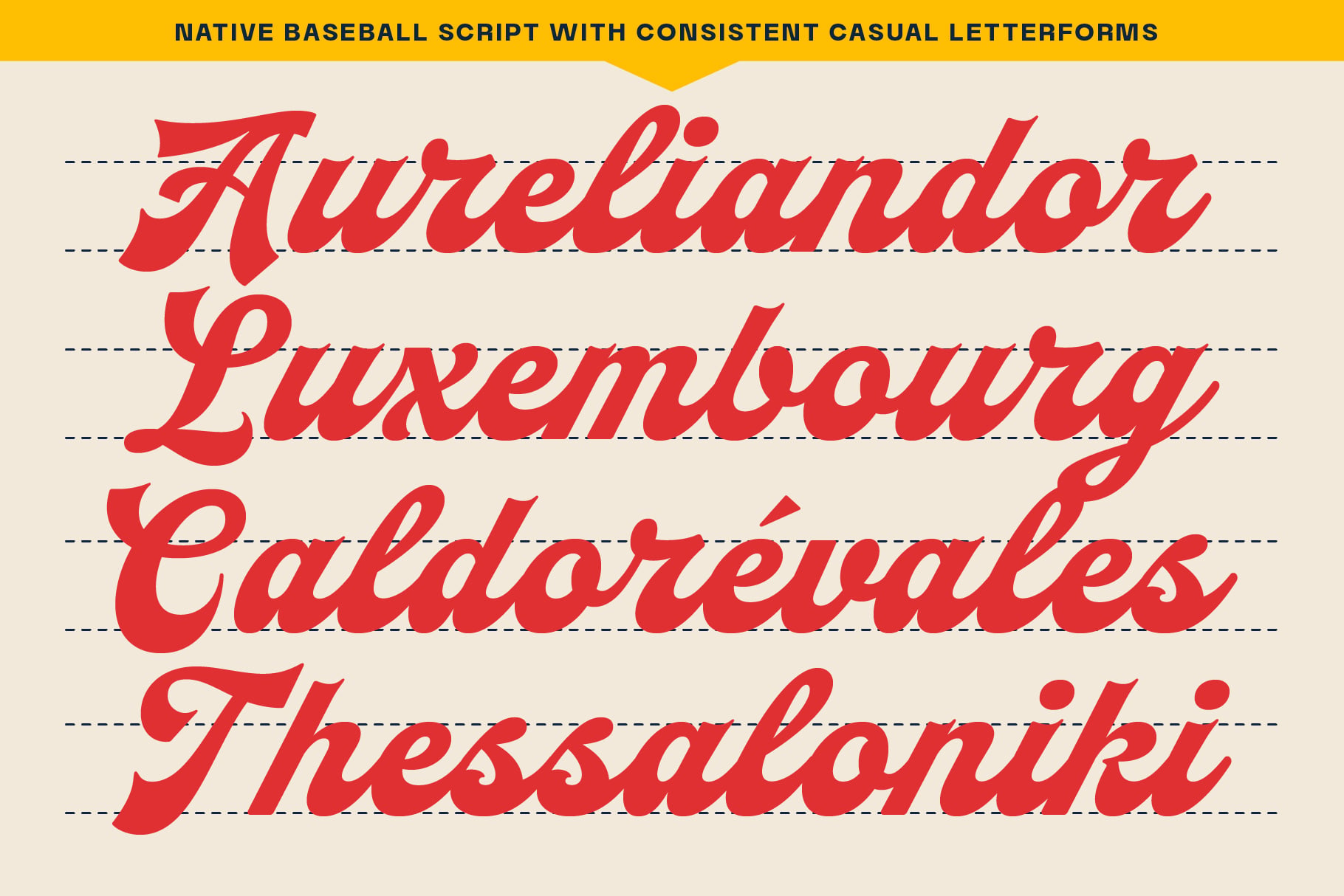 Vintage red script font with baseline guides showing baseball team names