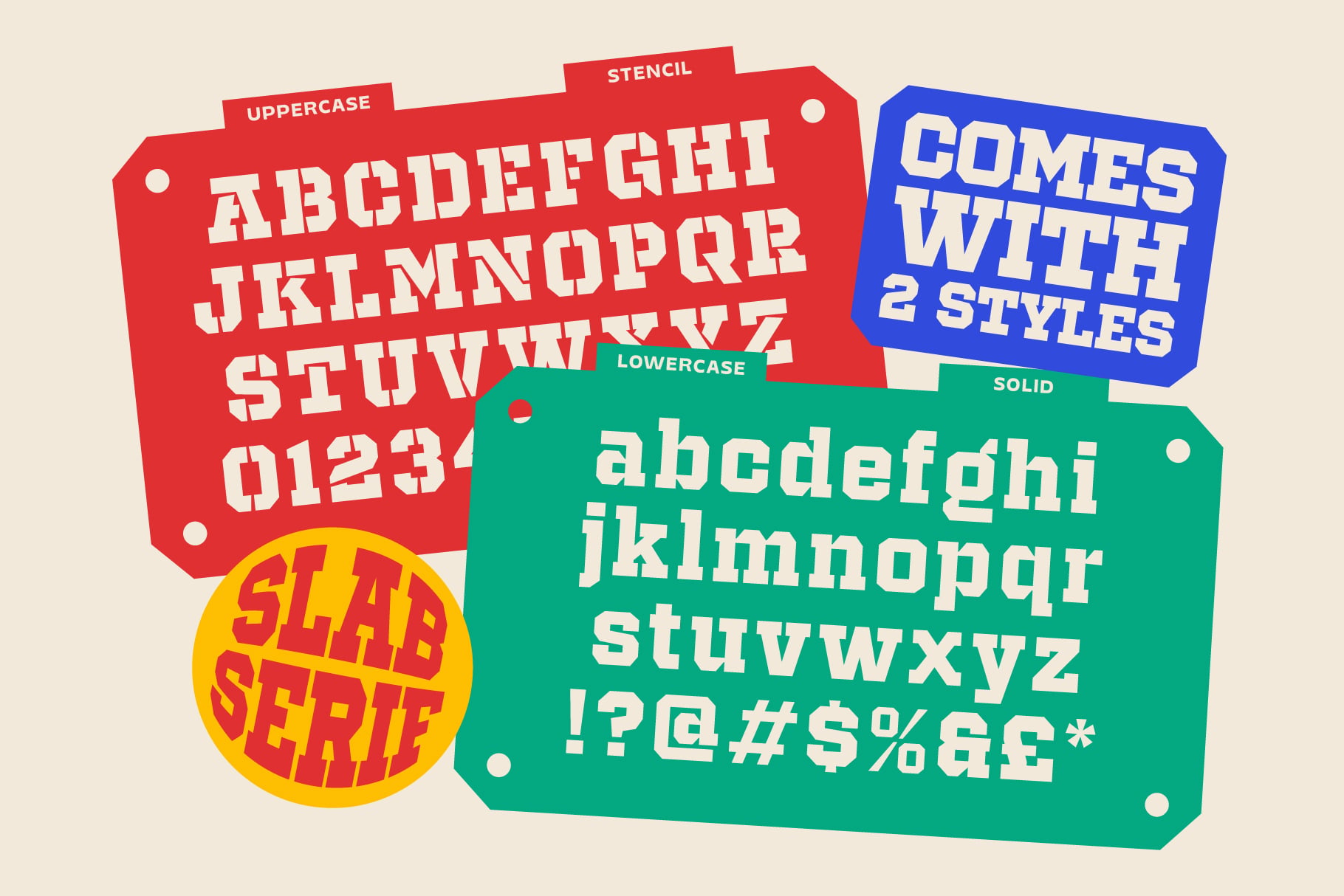Retro slab serif font with uppercase, lowercase, numbers, symbols shown on colorful stencil tags