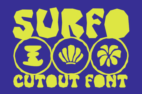 Surfo cutout font in yellow letters on dark blue background with circular icons